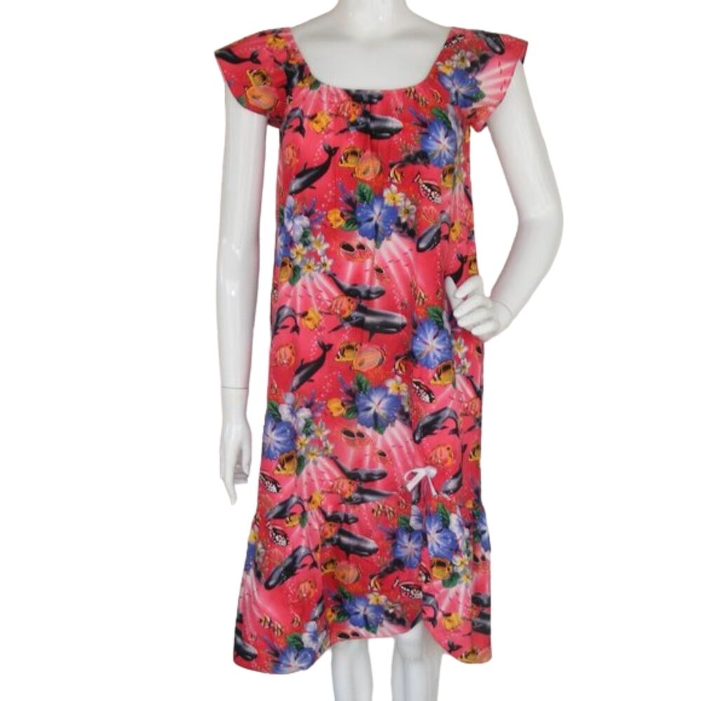 Vintage HILO HATTIES Dress XS/S Fish/Whales/Floral, Red, Asymmetrical